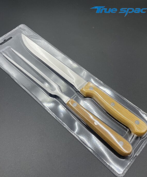A Set of Stainless Steel Barbecue Knives and Forks with Wooden Handles for Outdoor Cooking Tools