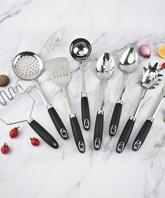 Stainless Steel Spatula Kitchen Colander Large Leakage Household Cooking Utensils 8-Piece Steak Sushi Set PP Handle Logo Design