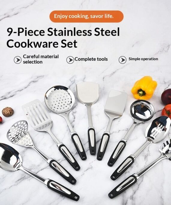 Factory Wholesale Stainless Steel Kitchenware 9 Piece Set Stir-fry Shovel Cooking Spatula Soup Spoon Colander-Modern Simplicity