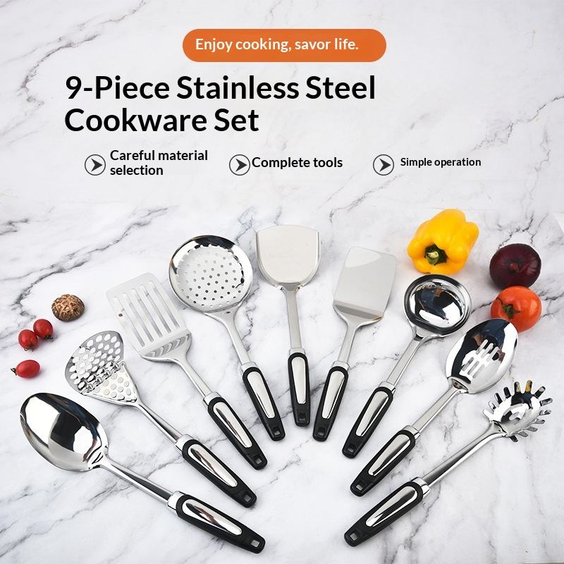 Factory Wholesale Stainless Steel Kitchenware 9 Piece Set Stir-fry Shovel Cooking Spatula Soup Spoon Colander-Modern Simplicity