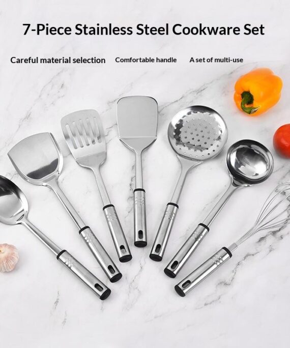 Stainless Steel 7-Piece Cookware Set Measuring Spoon Soup Egg Beater-Stainless Steel 430 Hand Grip
