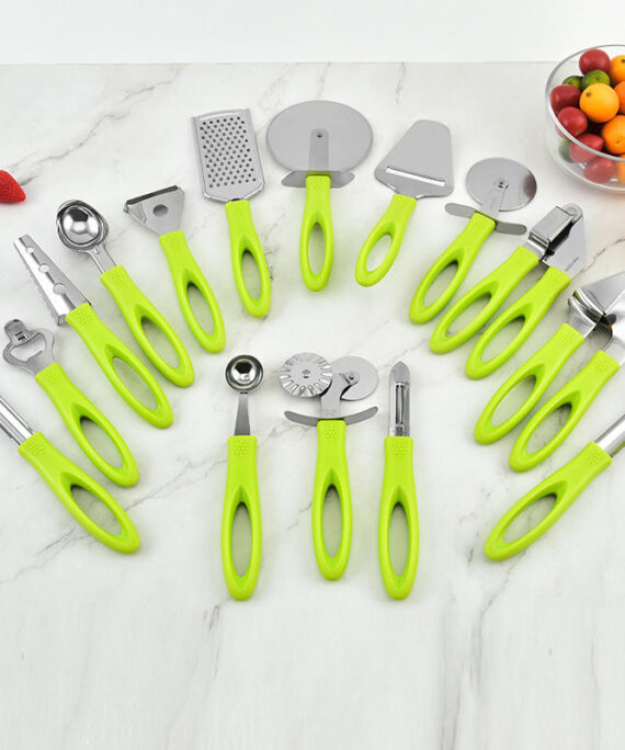 Kitchen Gadgets 15-Piece Manual Set Can Opener Ice Cream Grater Cutter Rolling Pin Garlic Press Large-Hole Handle