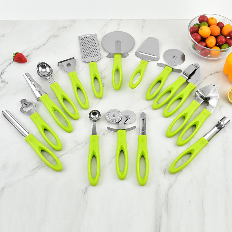 Kitchen Gadgets 15-Piece Manual Set Can Opener Ice Cream Grater Cutter Rolling Pin Garlic Press Large-Hole Handle