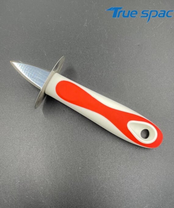 A multi-functional and durable stainless steel clam and oyster opener with a soft handle, suitable for kitchen use