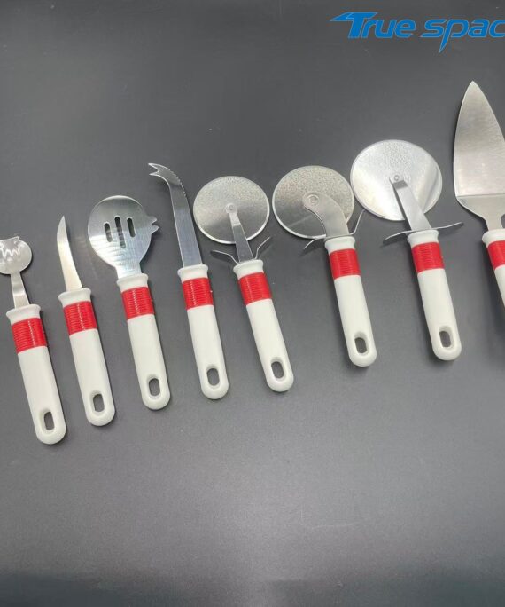 Professional stainless steel kitchen tools 7-piece set with red and white handles, suitable for cooking and baking