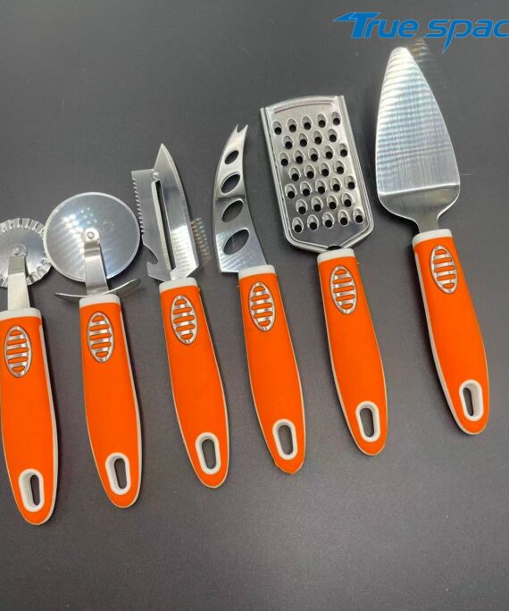 Classic 6-piece orange and white handle kitchen tool set - Ergonomic design for cheese grilling and pizza cutting