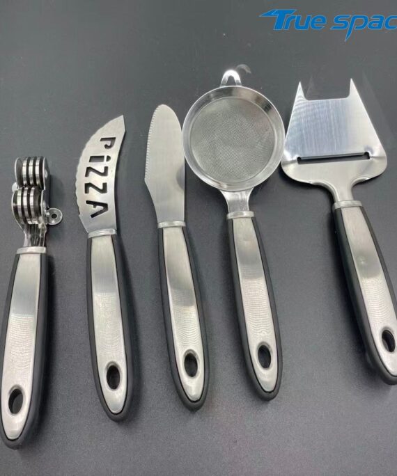 5-Piece Pizza & Cheese Tool Set – Stainless Steel Blades with Textured Handle, Perfect for Cutting & Straining