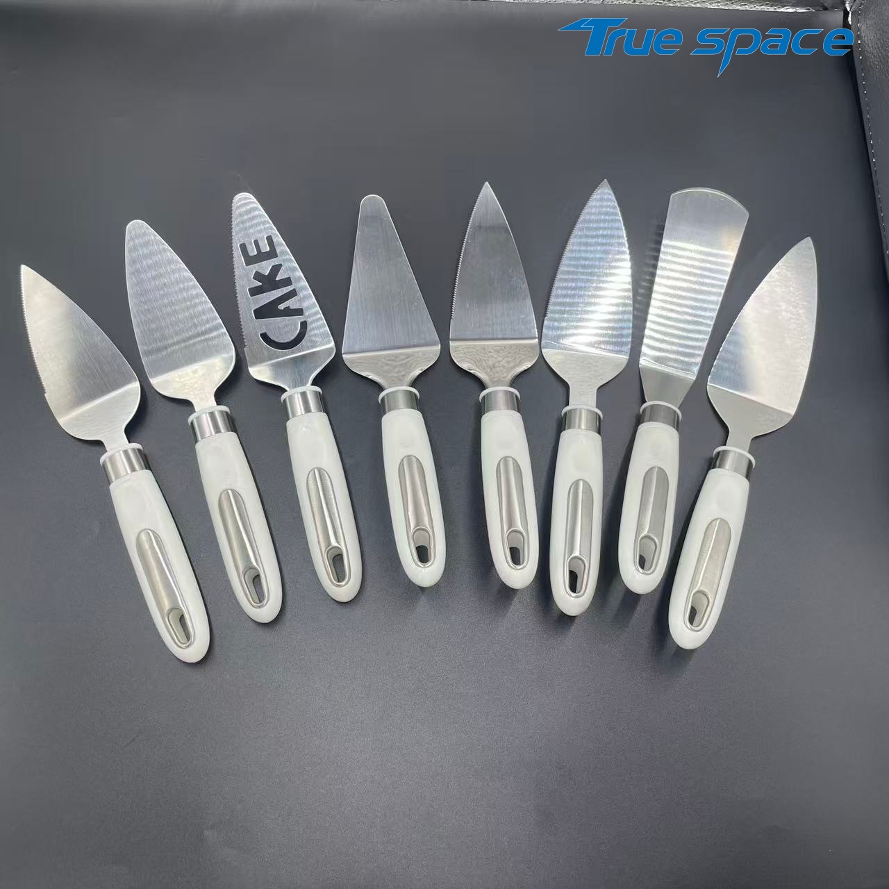 8-Piece Cake Server Spatula Set – White Handle, Engraved "CAKE" Design for Dessert Serving