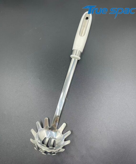 Stainless steel long-handled pasta spoon, a kitchen tool for cooking pasta