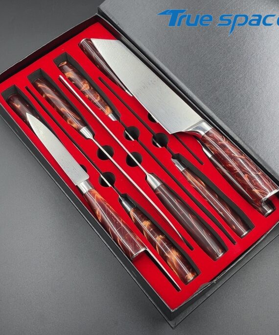 Premium 10-piece Kitchen Knife Set - Stainless Steel Laser-patterned Damascus Blade with Ergonomic Wooden Handle