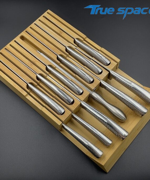 Serrated Steak Knife Stainless Steel Kitchen Knife Set, with Sharpener and Drawer Bamboo Knife Block