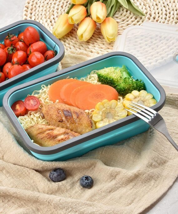 Silicone Four-Piece Foldable Lunch Box Set Microwaveable Heatable Food Container for Work Outdoor Travel and Picnic