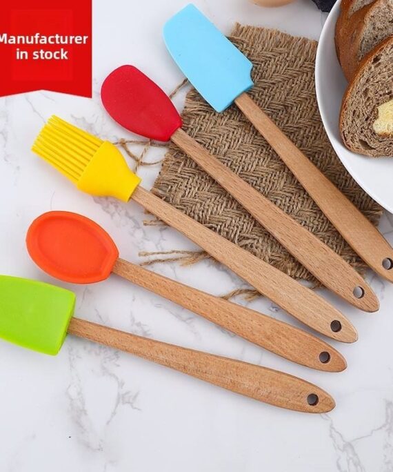 Mini Colored Silicone Children's Bamboo Handle Set, Scraper, Oil Brush, Small Shovel, Kitchen Baking Tools