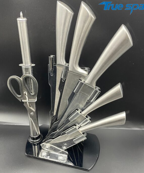 The Chef Uses a 8-piece Professional Kitchen Knife Set, Which Comes with an Acrylic Base and a Knife Sharpener