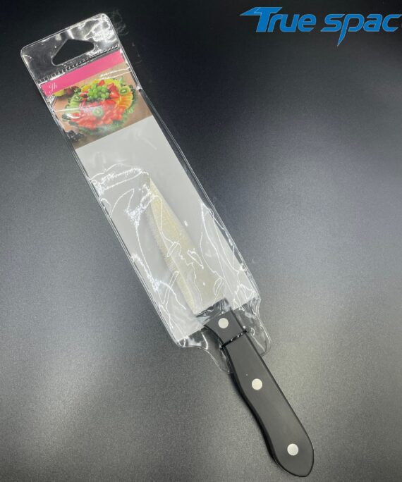 Stainless Steel sharp Steak Knife with Serrated Edges and Black Plastic Handle, Used for Slicing Steak, Bread and Butter