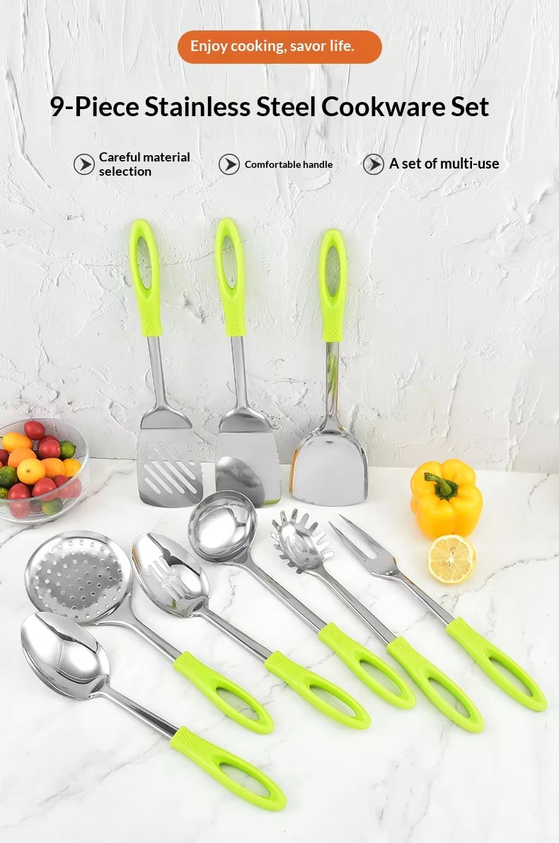 Factory Wholesale Stainless Steel Kitchen Utensils Nine-Piece Set Meat Fork Soup Spoon Spatula Anti-Slip High Temperature - Image 14