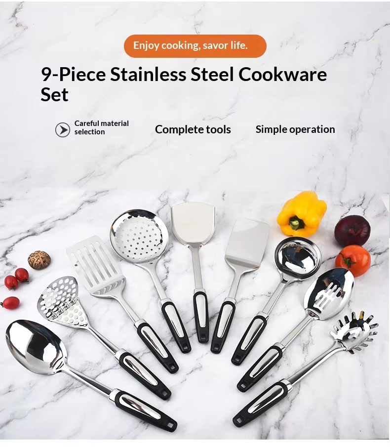 Factory Wholesale Stainless Steel Kitchenware 9 Piece Set Stir-fry Shovel Cooking Spatula Soup Spoon Colander-Modern Simplicity - Image 15