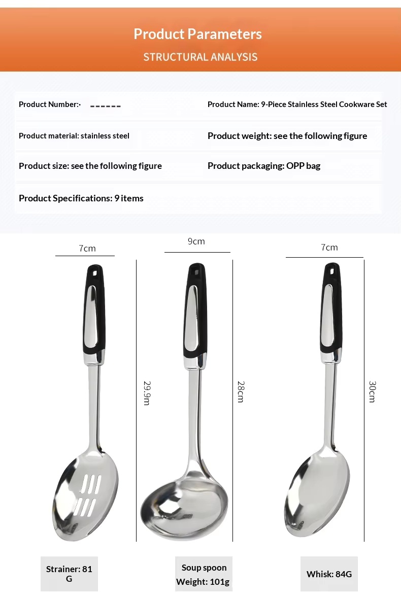 Factory Wholesale Stainless Steel Kitchenware 9 Piece Set Stir-fry Shovel Cooking Spatula Soup Spoon Colander-Modern Simplicity - Image 19