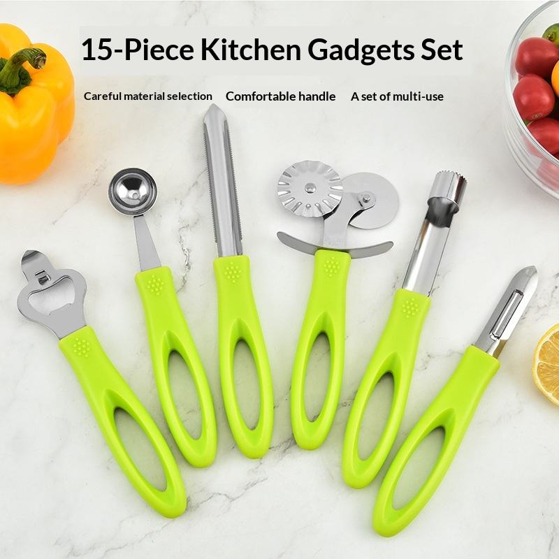 Kitchen Gadgets 15-Piece Manual Set Can Opener Ice Cream Grater Cutter Rolling Pin Garlic Press Large-Hole Handle - Image 2
