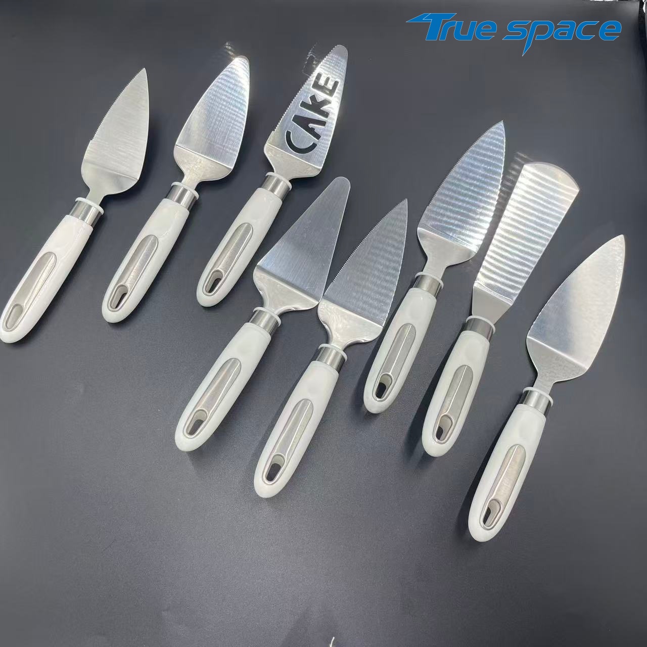 8-Piece Cake Server Spatula Set – White Handle, Engraved "CAKE" Design for Dessert Serving - Image 2