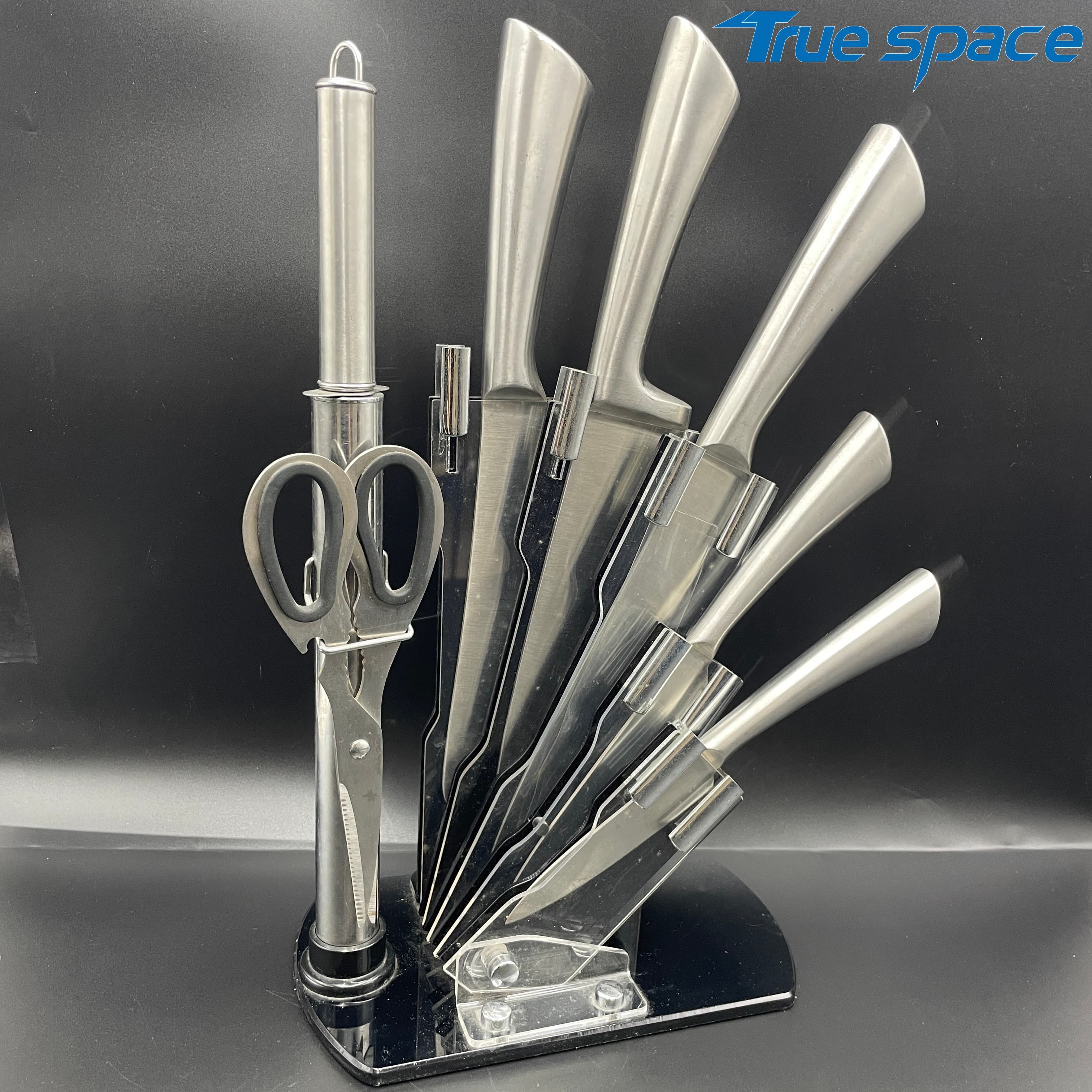 The Chef Uses a 8-piece Professional Kitchen Knife Set, Which Comes with an Acrylic Base and a Knife Sharpener - Image 2