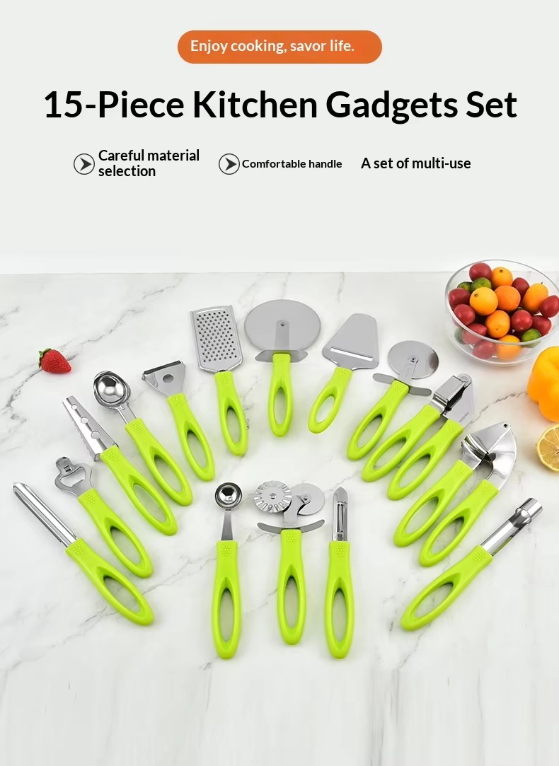 Kitchen Gadgets 15-Piece Manual Set Can Opener Ice Cream Grater Cutter Rolling Pin Garlic Press Large-Hole Handle - Image 20