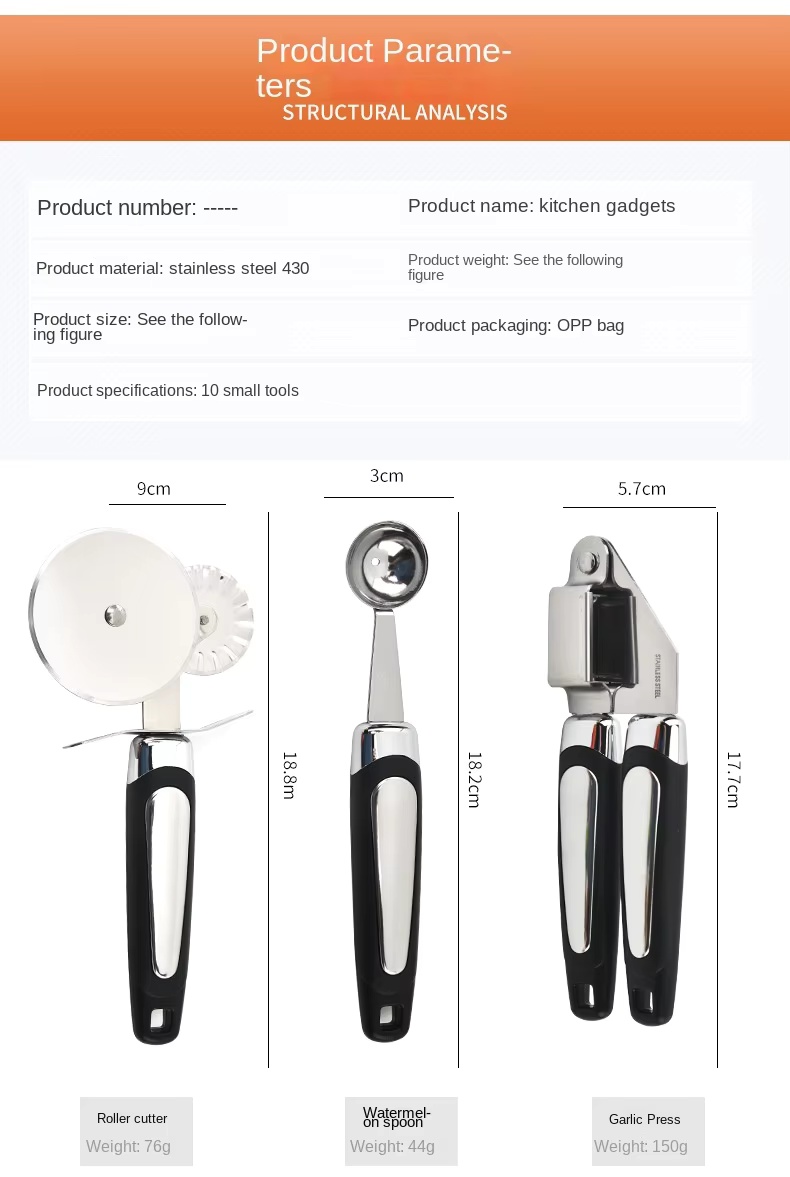 Stainless Steel Manual Kitchen Gadget Set Household Garlic Press Ice Cream Spoon Cutter Fish Scale Planer Tools Wholesale - Image 21