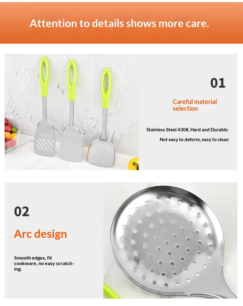 Factory Wholesale Stainless Steel Kitchen Utensils Nine-Piece Set Meat Fork Soup Spoon Spatula Anti-Slip High Temperature - Image 23