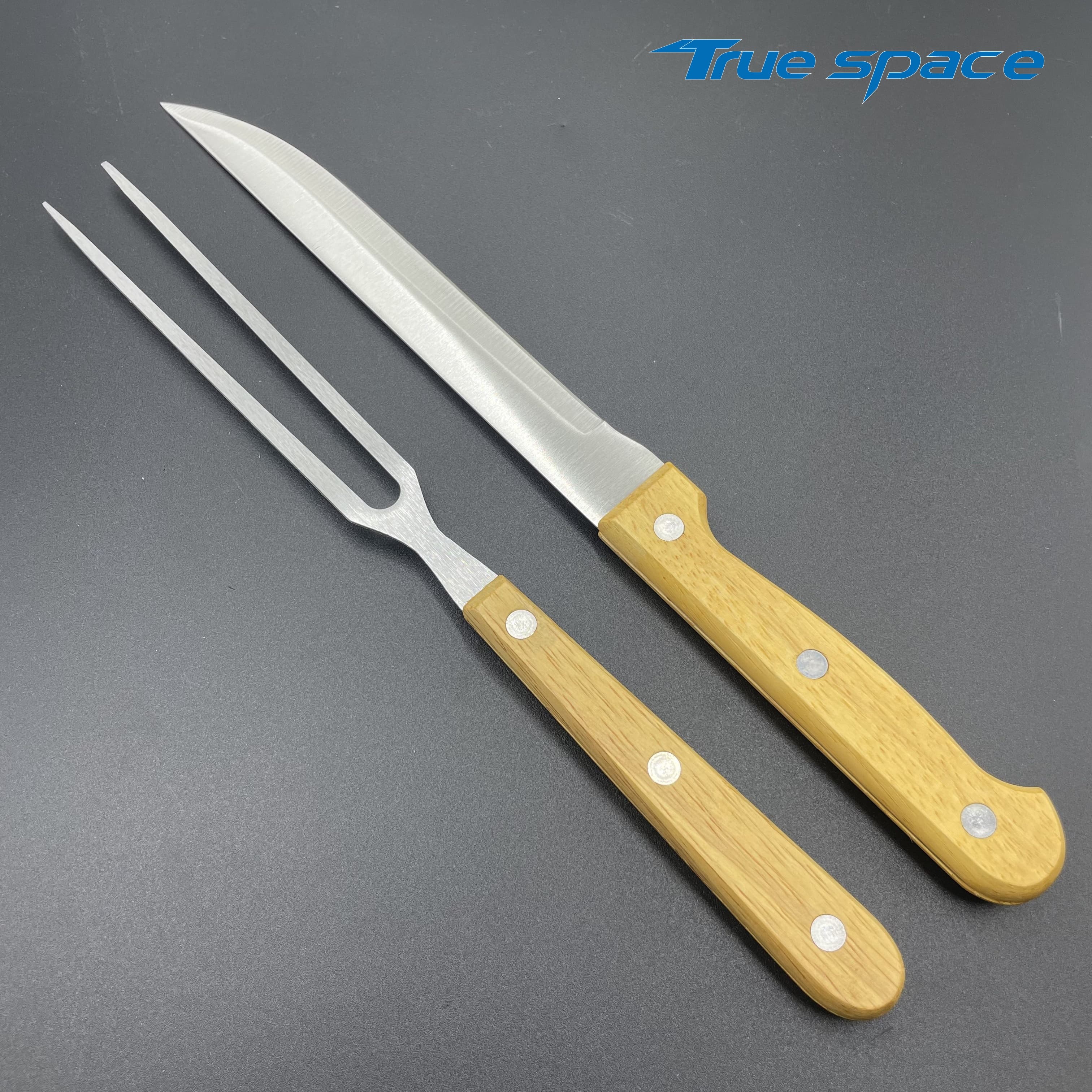A Set of Stainless Steel Barbecue Knives and Forks with Wooden Handles for Outdoor Cooking Tools - Image 3