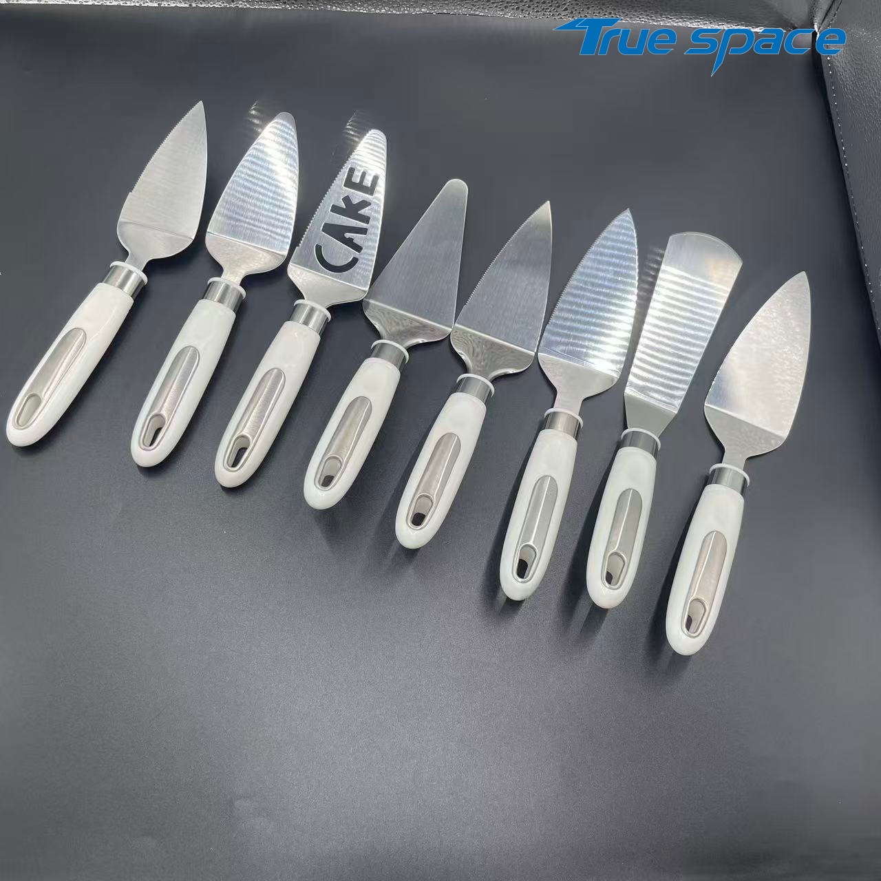8-Piece Cake Server Spatula Set – White Handle, Engraved "CAKE" Design for Dessert Serving - Image 3