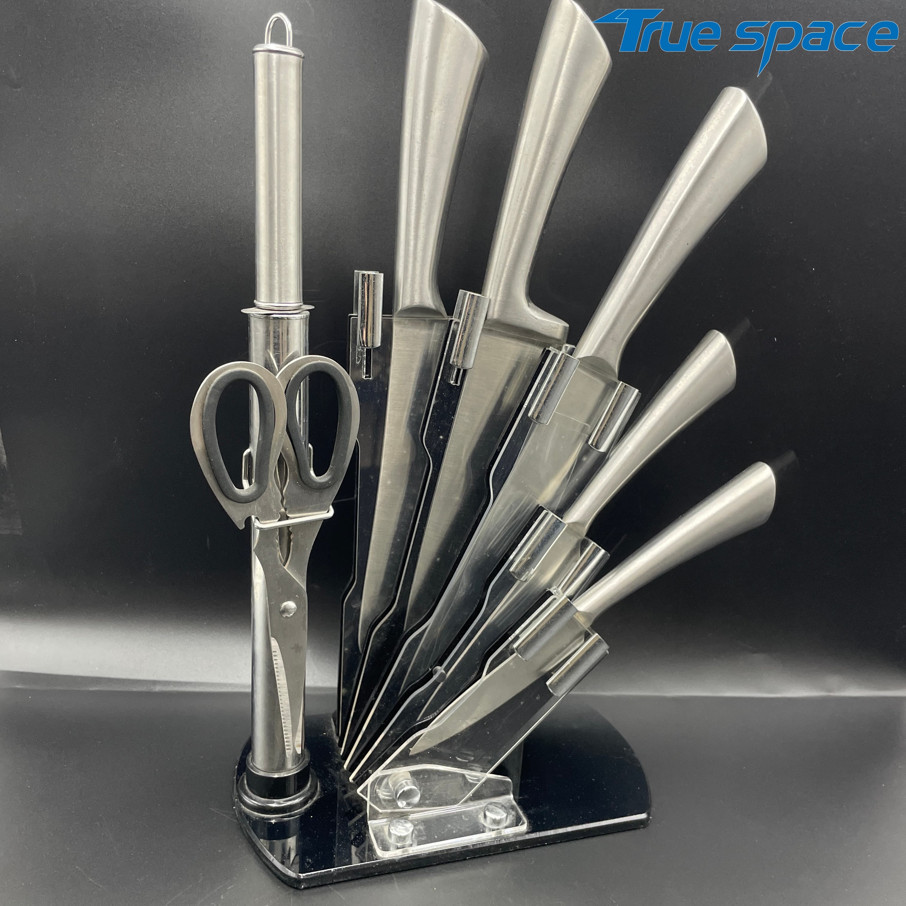 The Chef Uses a 8-piece Professional Kitchen Knife Set, Which Comes with an Acrylic Base and a Knife Sharpener - Image 3