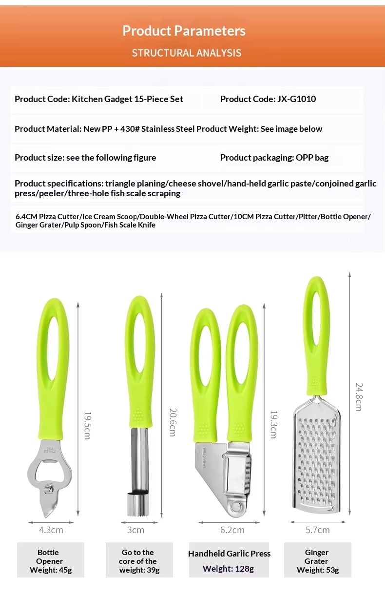 Kitchen Gadgets 15-Piece Manual Set Can Opener Ice Cream Grater Cutter Rolling Pin Garlic Press Large-Hole Handle - Image 32