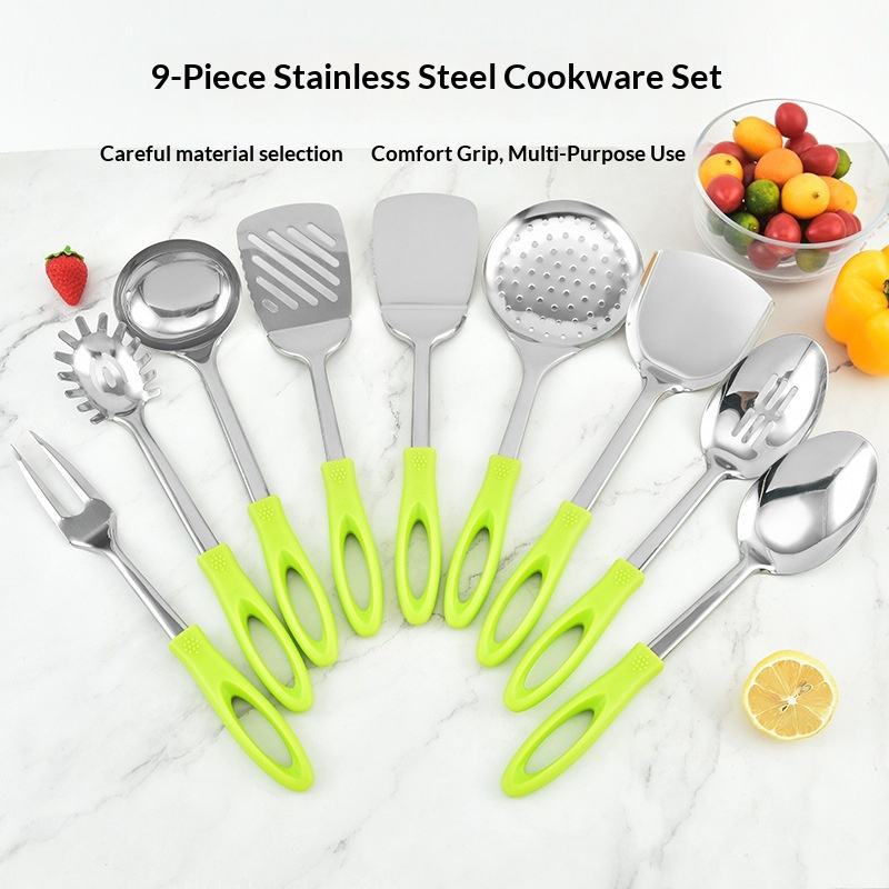 Factory Wholesale Stainless Steel Kitchen Utensils Nine-Piece Set Meat Fork Soup Spoon Spatula Anti-Slip High Temperature - Image 4